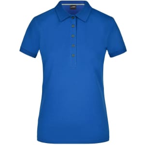 A blue ladies' Pima polo shirt with a classic collar and button placket. Features branding on the fabric.
