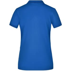 A ladies' polo shirt in vibrant blue, featuring a classic polo design and a logo on the back.