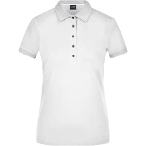 A white ladies' polo shirt with a classic collar and buttoned placket, featuring a logo.