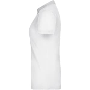 A white polo shirt with a classic collar and short sleeves, featuring a logo on the side.