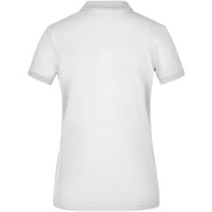 A white ladies' polo shirt with a classic collar and short sleeves, featuring a logo.
