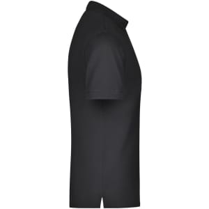 A black men's polo shirt with short sleeves and a collar, featuring a logo on the chest.