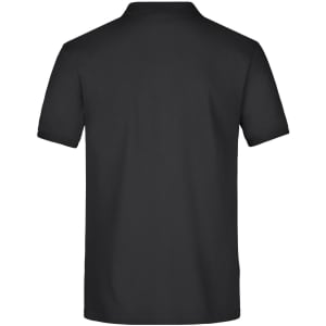 A black men's Pima polo shirt featuring a classic polo design and a logo on the back.