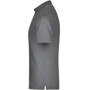 A grey men's polo shirt with a classic design, featuring a collar and short sleeves, displaying a logo.