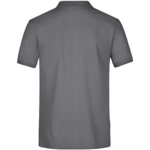 A grey men's polo shirt with a classic collar and short sleeves, featuring a logo on the back.