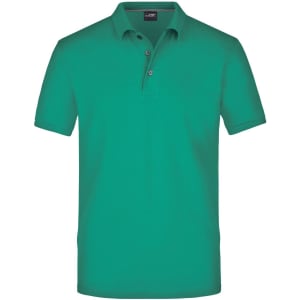 A green men's polo shirt with a classic collar and three buttons, featuring a logo on the chest.