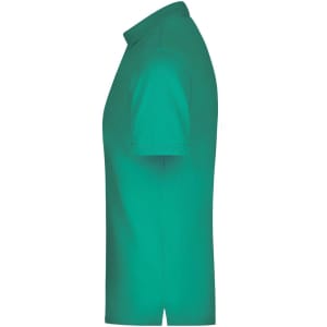 A green men's Pima polo shirt displayed from the side, featuring a collar and short sleeves. It has a logo.