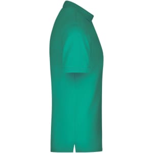 A green men's Pima polo shirt displayed from the side, featuring a collar and short sleeves, with a logo.