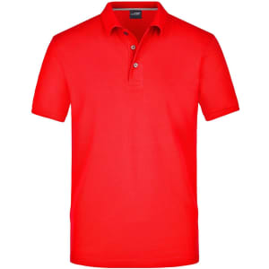 A red men's polo shirt featuring a classic collar and three buttons, with a logo on the chest.