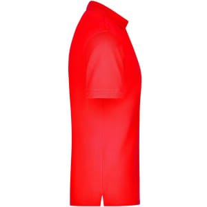 A side view of a red men's polo shirt featuring a collar and short sleeves, with a logo on the chest.
