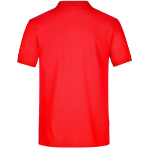 A red men's polo shirt featuring a classic design and a logo on the back.