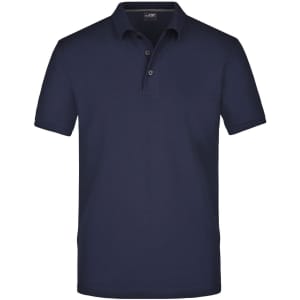 A navy blue men's Pima polo shirt with a classic collar and three buttons, featuring a logo.