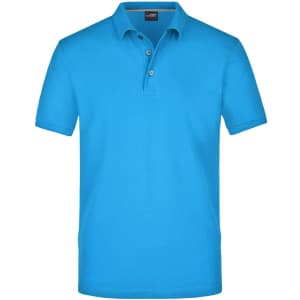 A short-sleeved, bright blue polo shirt with a collar and three buttons. It features a logo on the chest.