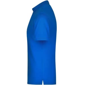 A side view of a blue men's polo shirt featuring a collar and short sleeves. The shirt has a logo on it.