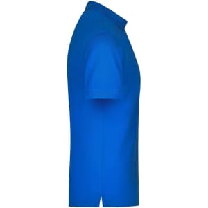A blue men's polo shirt displayed from the side, featuring a collar and short sleeves. It has a branding logo.
