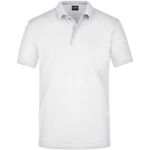 A white men's Pima polo shirt with a classic collar and button placket, featuring a branding logo.