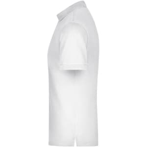 A white men's polo shirt with a collar and short sleeves, featuring a logo on the chest.