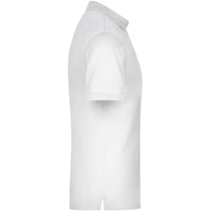 A white men's polo shirt with a collar, featuring short sleeves and a side view. It has a logo.