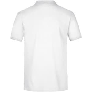 A white men's polo shirt with a solid design and a collar, featuring a logo on the back.
