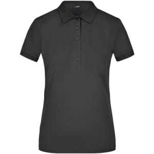 A ladies' black elastic polo pique shirt featuring a classic collar and button placket, with a logo present.