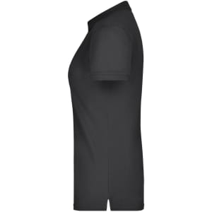 A black ladies' elastic polo pique shirt displayed from the side, featuring a classic polo style and a smooth finish.