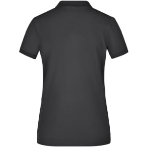 A ladies' elastic polo pique shirt in black, featuring a classic polo design and a branding logo on the back.