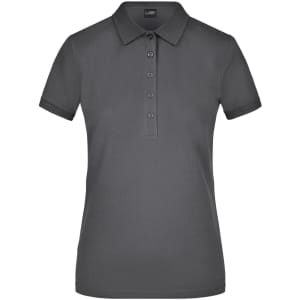 A ladies' polo shirt in dark grey with a classic collar and buttoned placket, featuring a logo.