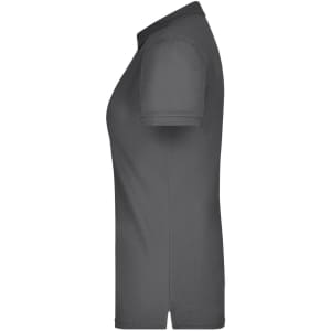 A grey ladies' polo shirt in pique fabric, featuring a collar and short sleeves. There is a logo on the shirt.