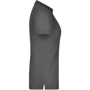 A grey ladies' elastic polo pique shirt displayed from the side, showcasing its fitted style and collar.