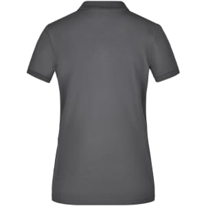 A grey ladies' polo shirt featuring a classic pique texture and a logo on the back.