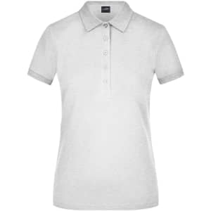 A light grey ladies' polo shirt featuring a classic collar and button placket. The shirt has a logo on the chest.
