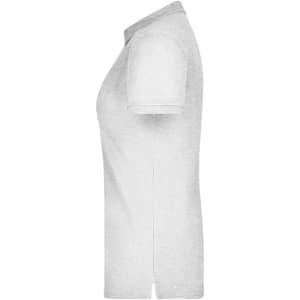 A grey ladies' polo shirt featuring short sleeves and a collared neckline, with a small logo.