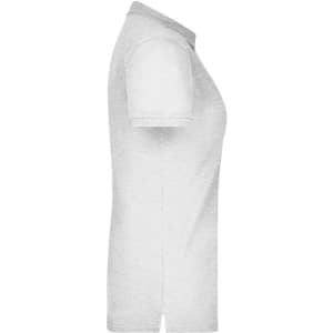 A white ladies' elastic polo pique shirt displayed from the side, featuring a collar and short sleeves.