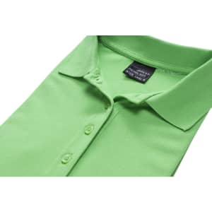 A green polo shirt with a collar and buttons, featuring a label inside and a smooth finish.