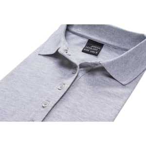 A grey ladies' polo pique shirt featuring a classic collar and button-up front, with a label.