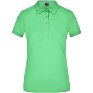 A vibrant green ladies’ elastic polo pique shirt with a classic collar and button placket. Features a logo.