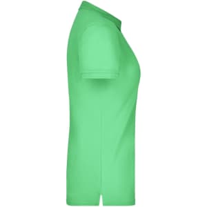 A green ladies' elastic polo pique shirt with a classic polo design, featuring a collar and side slits.