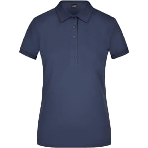 A ladies' polo pique shirt in navy blue, featuring a collared neckline and a logo on the chest.