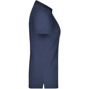 A ladies' navy polo shirt with short sleeves and a side view. The shirt has a simple design and features a logo.
