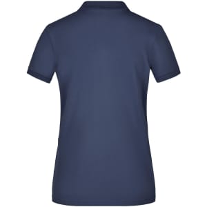 A navy ladies' polo shirt, featuring a classic pique texture and a logo on the back.