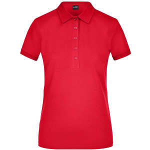 A red ladies' elastic polo pique shirt with a collared neck and button placket, featuring a logo.