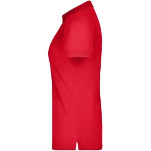 A red ladies elastic polo pique shirt, featuring a classic cut and short sleeves. It has a logo on the front.