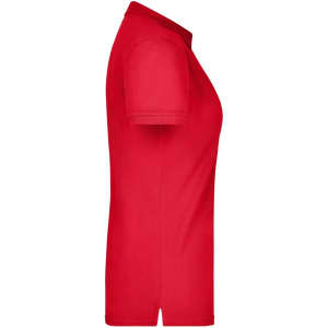 A red ladies' elastic polo pique shirt displayed from a side view. The shirt has short sleeves and a collar.