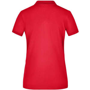 A red ladies' polo shirt featuring a classic pique texture and short sleeves, with a logo on the back.