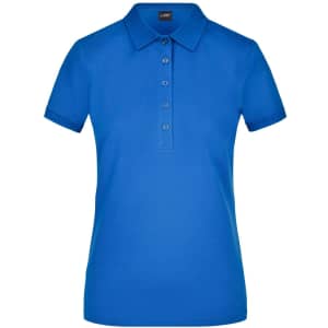 A blue ladies' elastic polo pique shirt featuring a collar and five buttons, with a logo on the chest.