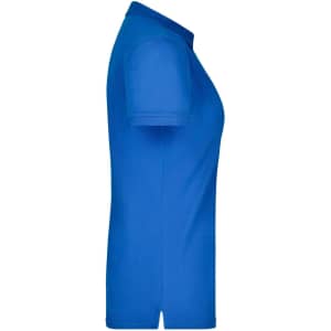 A blue ladies' elastic polo pique shirt with a classic collar and short sleeves, featuring a logo.