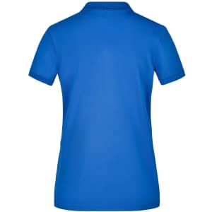 A blue ladies' polo pique shirt featuring a classic collar and short sleeves, with a logo on the back.