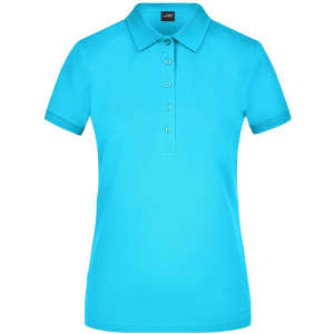 A turquoise ladies' polo shirt with a collar and buttons. Features a logo on the upper area.