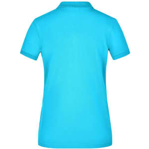 A turquoise ladies' polo shirt with a classic pique design and a logo on the back.