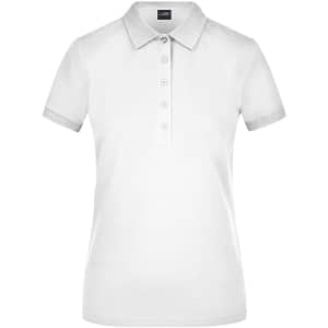 A white ladies' polo shirt with a collared neckline and short sleeves, featuring a button placket and a logo.